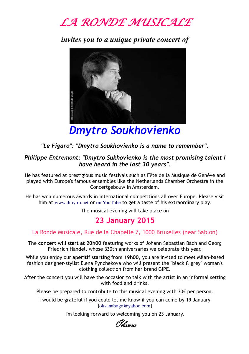 Affiche. Bruxelles. Concert privé Dmytro Soukhovienko. 2015-01-23